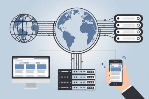 Illustration depicting global internet connectivity. A globe is connected by lines to a computer monitor, a smartphone held by a hand, and multiple server stacks. The globe is shown in the center with digital lines symbolizing data transfer and network connections. The computer screen displays web content, while the smartphone has a similar interface on its screen. Server racks on the sides represent data storage and management. The overall color theme is blue and gray, reflecting a modern digital concept.