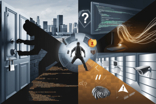 A composite image showing themes of security and hacking. On the left, a silhouette of a person trying to pick a door lock with a cityscape in the background. Below, lines of computer code symbolize digital security threats. On the right, a digital depiction of a computer with flowing data streams connected to a keyboard, suggesting hacking or data transfer. Surveillance cameras and alert icons represent security and monitoring. In the center, a person stands surrounded by digital symbols and protective shields, indicating cybersecurity defense.
