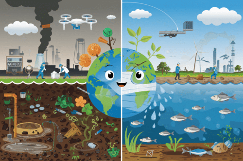 A split image illustrates the contrast between pollution and environmental health. The left side depicts a polluted environment with factories emitting smoke, drones spraying chemicals, and polluted soil with garbage and dead vegetation. The right side shows a vibrant, healthy environment with green plants, wind turbines, clean water, and thriving fish. In the center, Earth is depicted with a face, half covered with a mask, symbolizing the impact of pollution vs. sustainability.