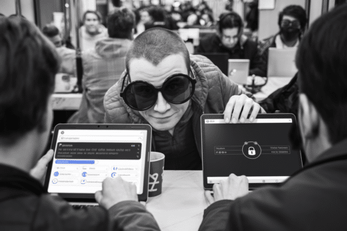 A black-and-white photo shows a person wearing oversized sunglasses, leaning over a table where two others are using laptops. The person is looking directly at the camera with a playful expression. The people with laptops have their screens visible; one shows a software interface with text, and the other displays a lock icon and navigation buttons, suggesting security or privacy content. The scene takes place in a busy room, with others working on laptops in the background.