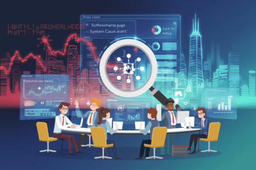 A team of cartoon-style business professionals sits around a conference table with laptops, engaged in discussion. The background features a futuristic city skyline with digital screens displaying graphs, charts, and technical data. A large magnifying glass in the foreground emphasizes connectivity and analysis. Data flows and red warning signals add a sense of urgency to the scene.