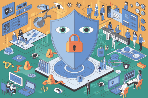 An illustration depicting a digital security concept. A large shield with cartoon eyes and a padlock is central, surrounded by various scenes of people interacting with technology. There are stylized representations of laptops, digital interfaces, and security icons such as locks and warning signs. Cartoonish elements like spaceships, globes, and abstract tech symbols add a futuristic touch. The color scheme consists of blues, greens, and oranges, giving a vibrant yet tech-oriented feel.