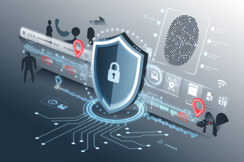 A digital illustration depicting cybersecurity themes. A large shield with a lock symbol is central, surrounded by various tech icons and graphics. There's a fingerprint, location markers, and silhouettes of people. Circuit-like lines connect the elements, symbolizing connectivity and data protection. The design appears futuristic, suggesting advanced technology and data security.